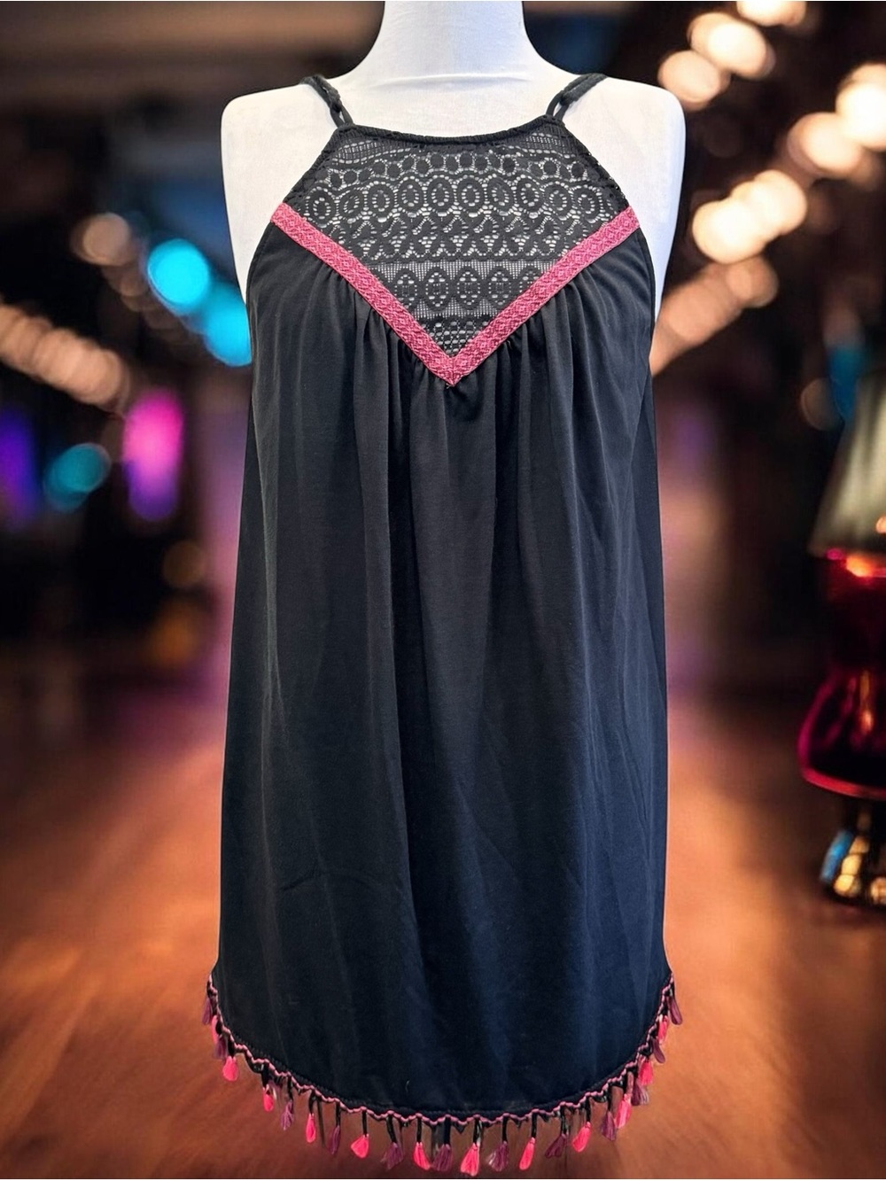Francesca's Black Halter Mini Dress Womens Small Pink Accents & Tasseled Hem New